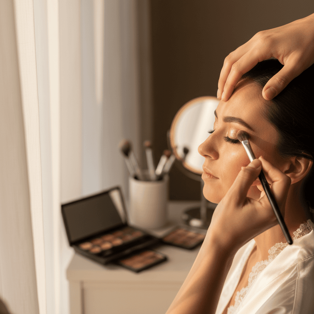 Makeup artist applying blush to a bride's cheek in a bright, elegant setting