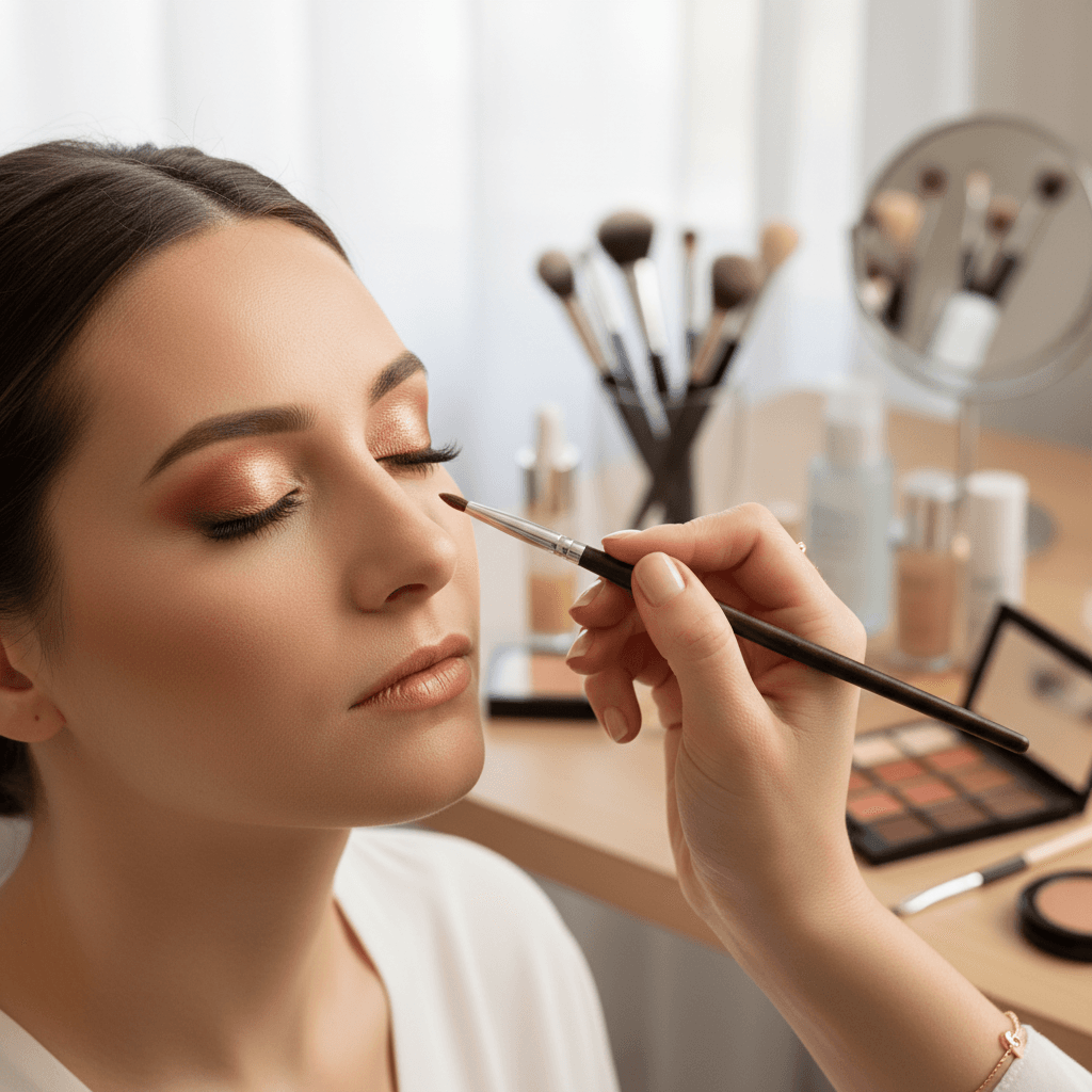 Makeup artist applying highlighter to a client