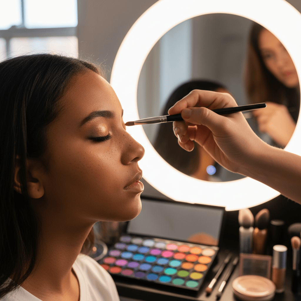 Makeup artist applying blush to a relaxed client in a warm LA studio