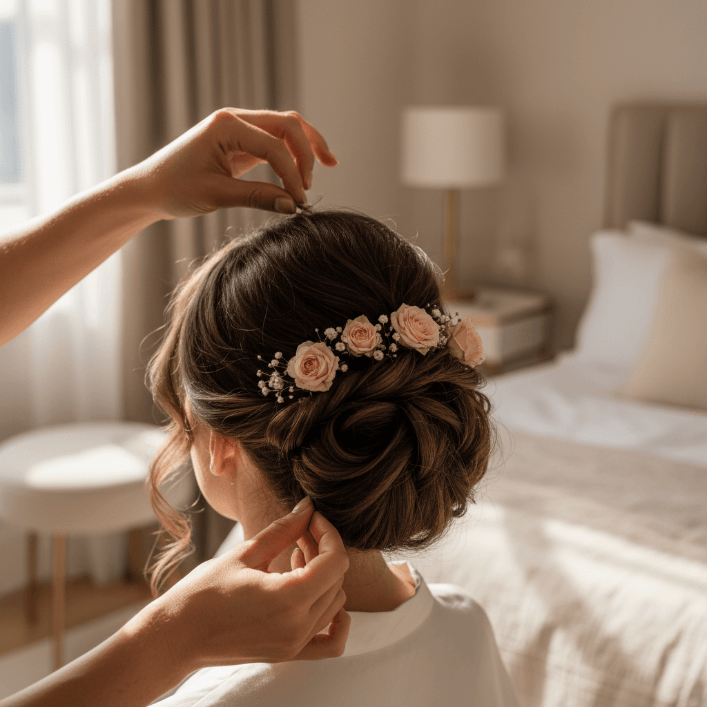 Finished bridal textured bun with tendrils