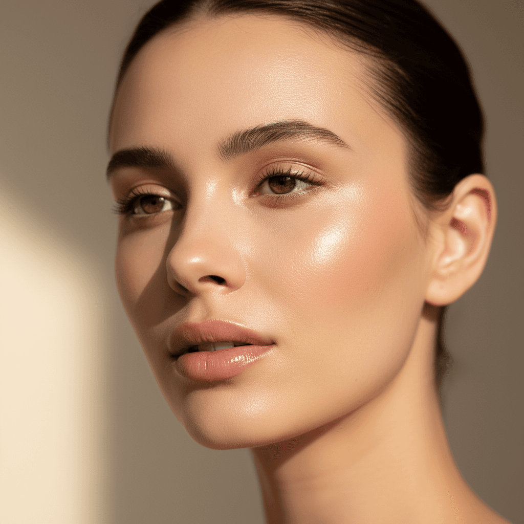 Woman smiling with rose-gold shimmer makeup