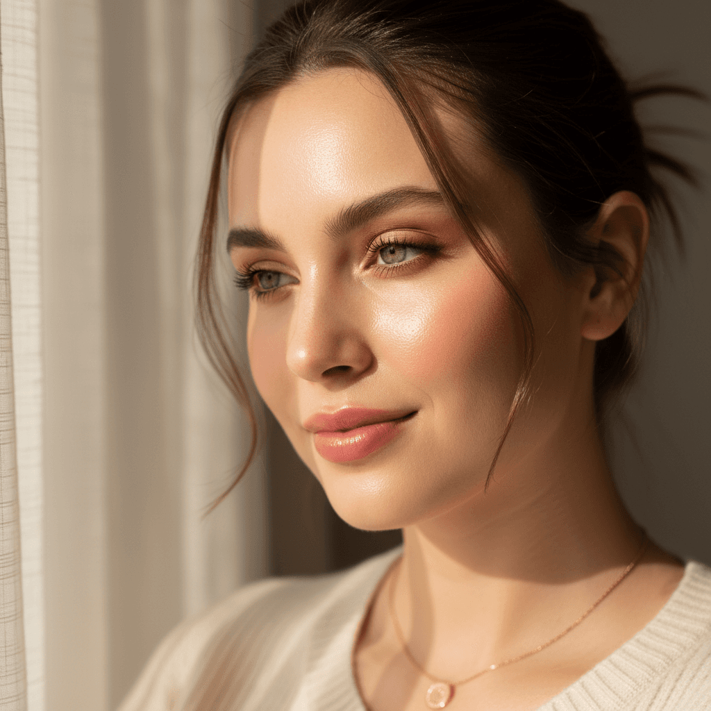 Makeup artist gently applying blush to a smiling woman in a bright, warm studio
