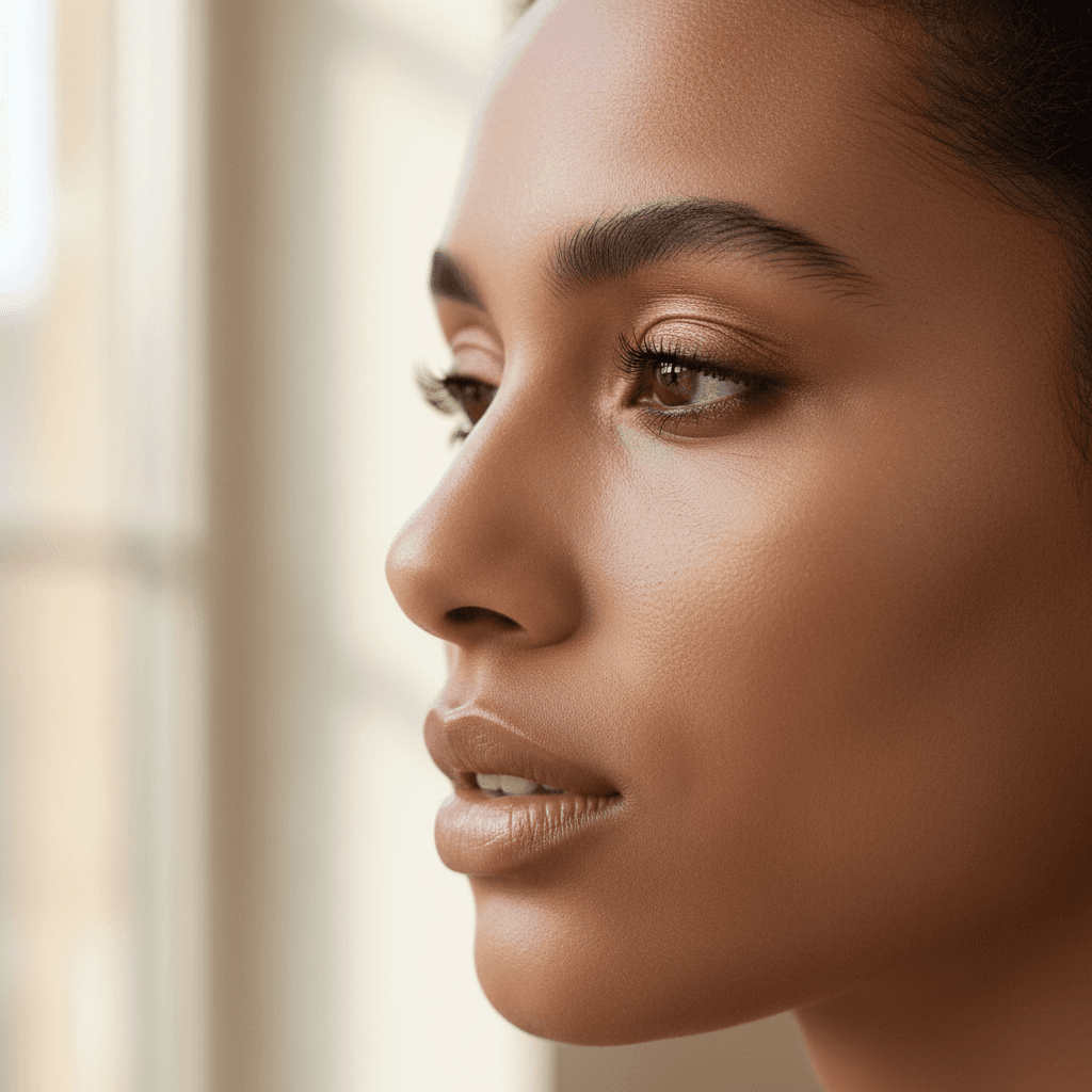 Close-up of soft glam makeup with neutral eyeshadow