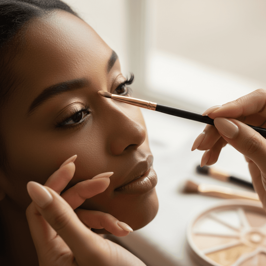 Makeup artist gently applying eyeshadow to a relaxed client in a warm, softly lit studio