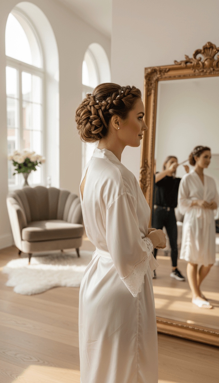 Hairstylist preparing bridal veil with updo